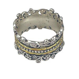 Ornate Floral Ring Sterling Silver and Brass Womens Size 8